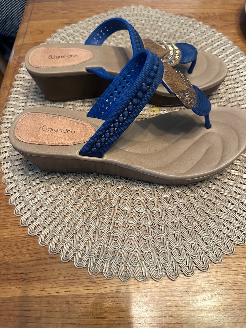 Grendha Wedge Thong Sandals in Navy and Tan with Decorative Accents